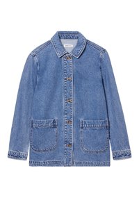 Veste en denim bleu avec manches longues, fermeture à boutons, deux grandes poches avant et un col rabattu.