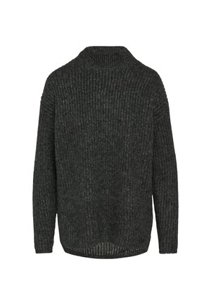 Pull en tricot gris foncé avec une texture côtelée, un col cheminée et une coupe ample, doté de manches longues et d'un ourlet arrondi.