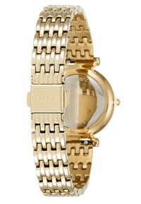 Goldfarbene Edelstahl-Uhr mit einem gemusterten Gliederarmband, rundem Spiegelzifferblatt und Fossil-Logo am Verschluss. Klassisches Design.