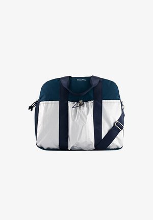 Sac polochon en tissu doux bleu marine et gris avec deux poignées, poche avant à cordon et bandoulière réglable.