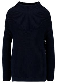 Maglione lavorato a maglia blu navy con colletto alto, texture a costine e maniche ampie. Presenta una vestibilità ampia e orlo a fascia in vita.