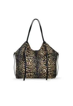 Bolsa de tote con estampado de leopardo y detalles en piel negra, textura suave, diseño amplio, dos asas para el hombro y cierres ajustables con cordón.