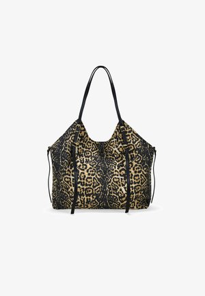 Sac fourre-tout en imprimé léopard avec des accents en cuir noir, texture douce, conception spacieuse, deux poignées et fermetures à cordons réglables.