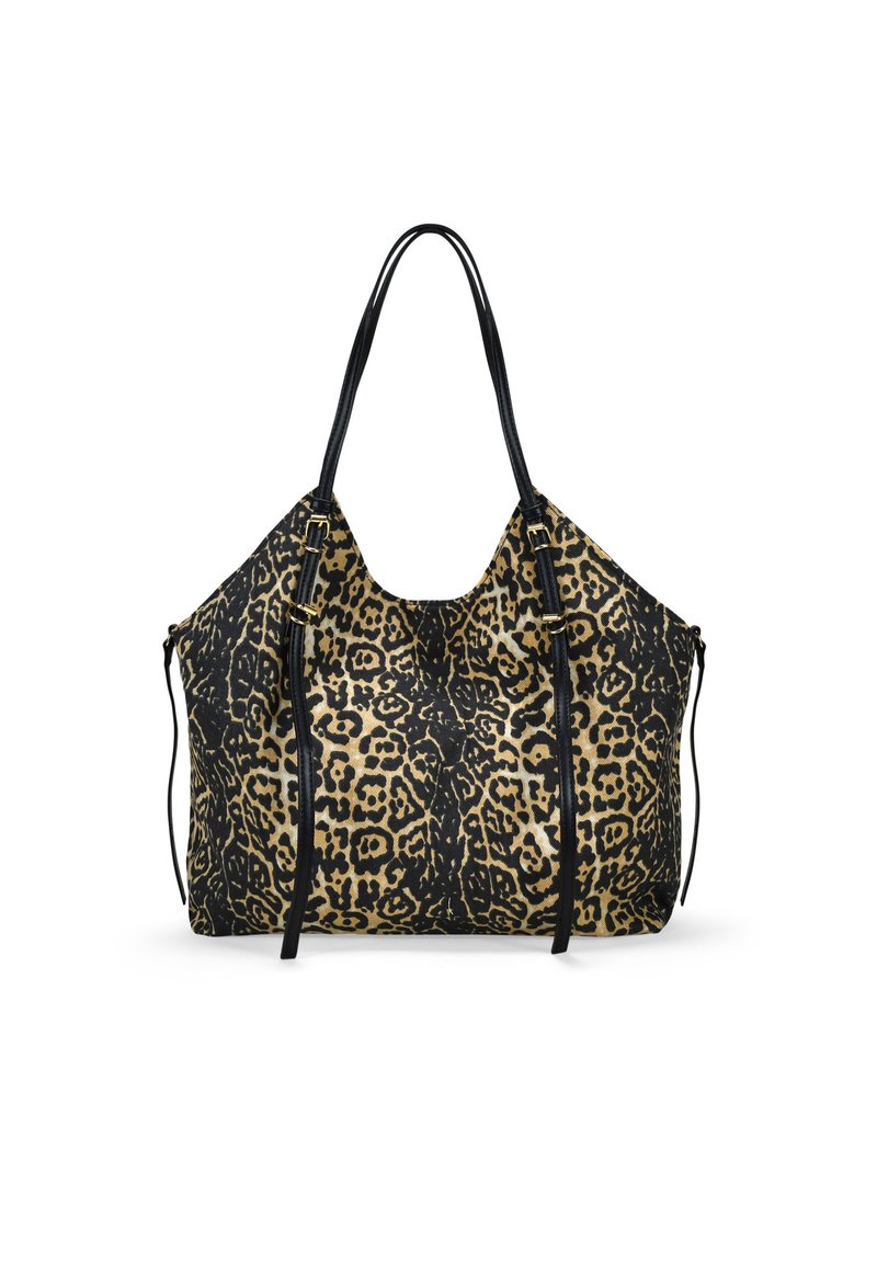 Bolsa de tote con estampado de leopardo y detalles en piel negra, textura suave, diseño amplio, dos asas para el hombro y cierres ajustables con cordón.