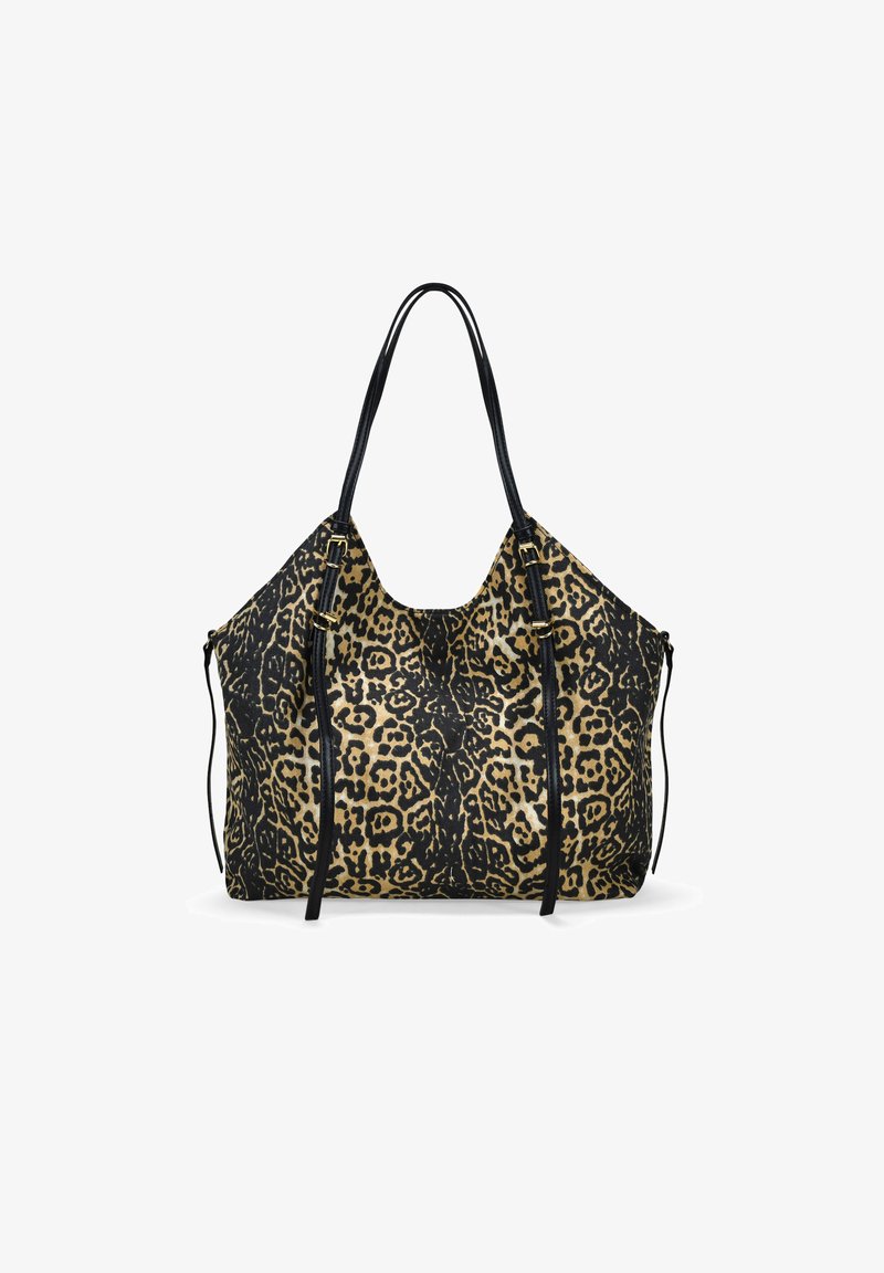 Sac fourre-tout en imprimé léopard avec des accents en cuir noir, texture douce, conception spacieuse, deux poignées et fermetures à cordons réglables.