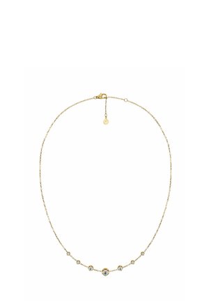 Hieno kultainen ketjukaulakoru, jossa on seitsemän tasaisesti sijoitettua pyöreää kirkasta jalokiveä, keskimmäinen kivi hieman suurempi, lukkona hummeripihdit ja pieni koriste.