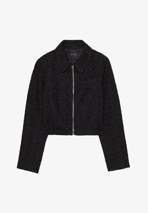 Schwarze, kurz geschnittene Jacke aus strukturiertem Stoff mit Kragen, vorne mit Reißverschluss und dezentem Glanz. Verfügt über ein karierter Muster.