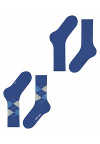Calcetines azules con un patrón de rombos en azul claro y gris. Material de mezcla de algodón con punta sin costuras y detalle de logo.