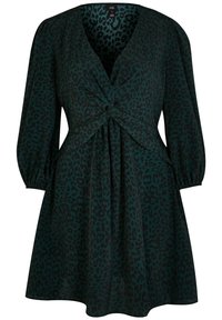Vestido de leopardo verde con escote en V, detalle de frente retorcido, mangas largas abullonadas y falda acampanada. Hecho de tejido suave.