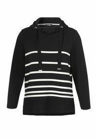Zwarte hoodie met witte horizontale strepen, geribde onderkant en koordjes met zilveren hardware. Zachte stoftextuur.