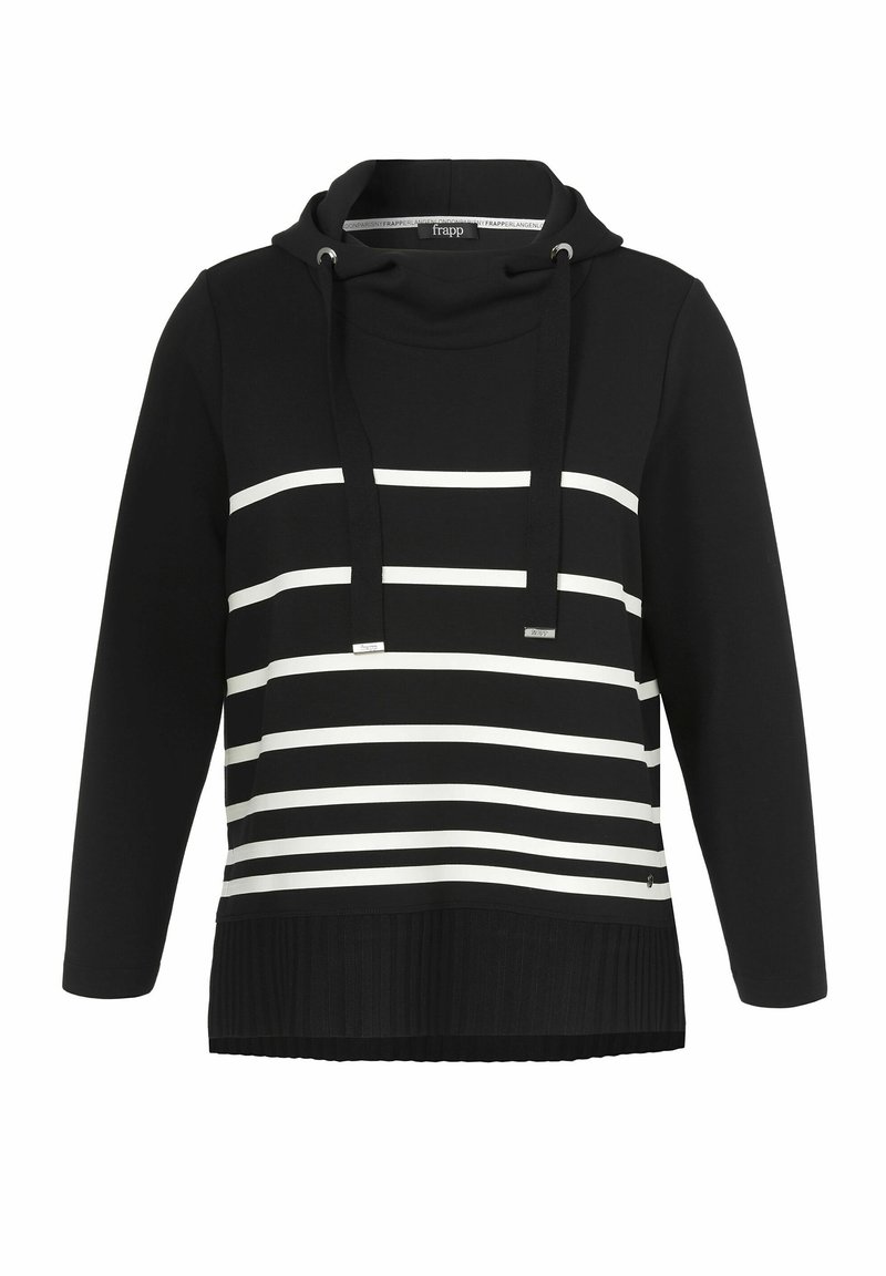Zwarte hoodie met witte horizontale strepen, geribde onderkant en koordjes met zilveren hardware. Zachte stoftextuur.