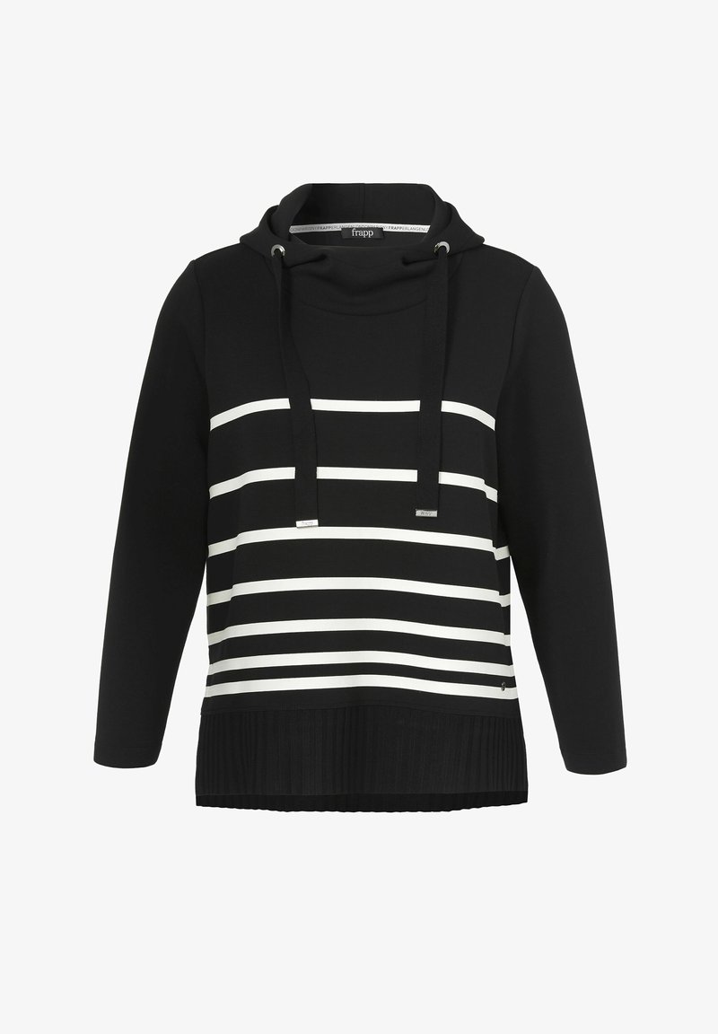 Zwarte hoodie met witte horizontale strepen, geribde onderkant en koordjes met zilveren hardware. Zachte stoftextuur.