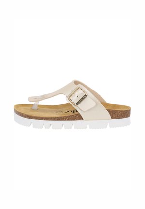 Sandalia tipo thong en color beige con un acento de hebilla, plantilla de corcho y suela de goma blanca con un relieve texturizado para mayor agarre.