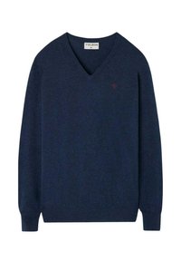 Suéter azul marino de cuello en V, hecho de una tela suave, con puños y dobladillo acanalados, y un pequeño logo rojo en el pecho.