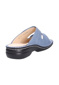 Blue synthetic slide sandal with open design, rounded toe, and black rubber sole. Features stitching detail and cut-out accents.