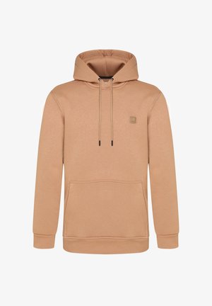 Beige kapuutsiga pusaku, mis on valmistatud pehmest kangast, millel on känguru tasku, nöörid ja väike logo äpp rinnal.