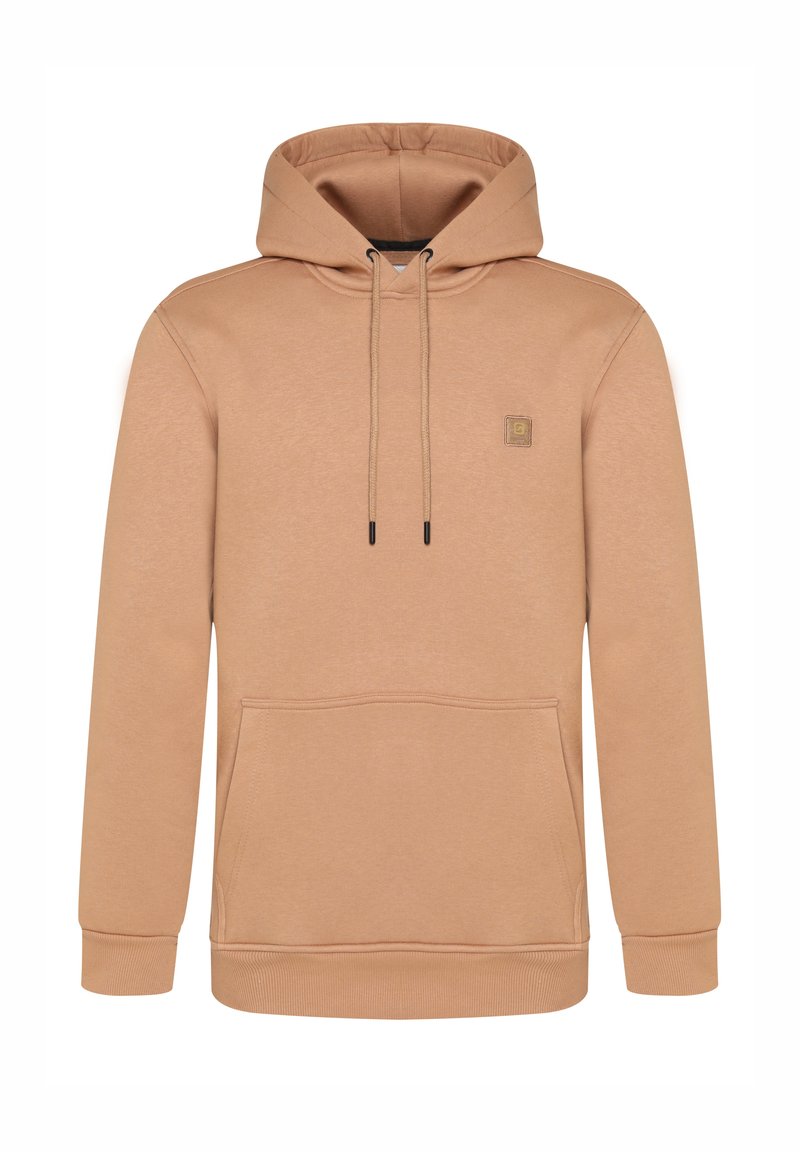 Felpa beige realizzata in tessuto morbido, con tasca a marsupio, cordini e una piccola etichetta con il logo sul petto.