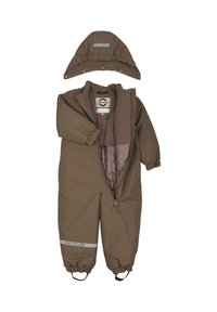 Tuta intera marrone termica con cappuccio, chiusura a zip, polsini elasticizzati e una striscia riflettente con la scritta "RECYCLED". Realizzata con materiali riciclati.