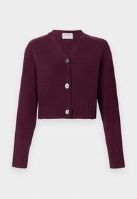 Burgundy kort cardigan i ribbstickad väv, med V-hals, långa ärmar och två runda knappar framtill.