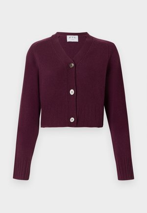 Bordeaux gekort cardigan gemaakt van geribbeld breiwerk, met een V-hals, lange mouwen en twee ronde knopen aan de voorkant.