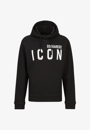 Black hoodie made of cotton blend, featuring a kangaroo pocket, drawstrings, and bold white “ICON” text on the front.