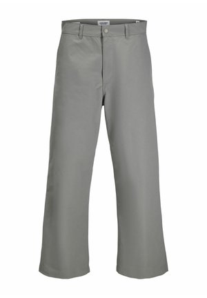 Light grey wide-leg pants made of cotton blend. Features zip fly, front pockets, and a smooth, even texture with no visible patterns.