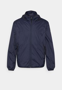 Giacca a vento blu navy con colletto alto, cerniera frontale completa, polsini elasticizzati e due tasche laterali con cerniera. Tessuto liscio e leggero.