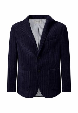 Dunkelblaues Cord-Blazer mit Reverskragen, zwei aufgesetzten Fronttaschen, einer Brusttasche, zwei Knöpfen und einer hell gemusterten Innenverkleidung.