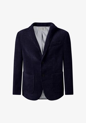 Donker marineblauwe corduroy blazer met notch revers, twee voorzakken, één borstzak, twee knopen en een lichte patroonvoering.