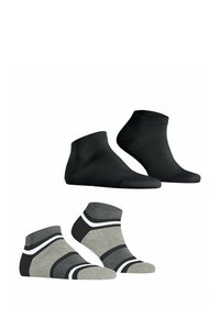 Zwei Paare von Knöchelsocken: ein Paar in einfarbigem Schwarz und ein anderes in Grau mit schwarz-weißen Streifen. Beide haben gerippte Bündchen und bestehen aus einem Baumwollgemisch.