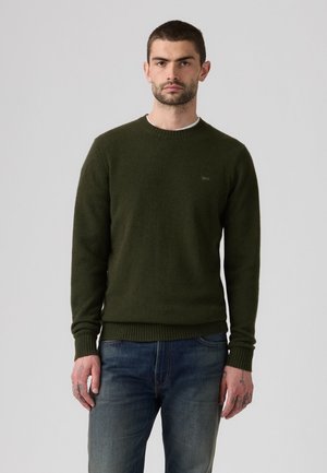 Hombre con cabello corto y oscuro y barba, que lleva un suéter verde oscuro y vaqueros azules, de pie frente a un fondo claro y liso.