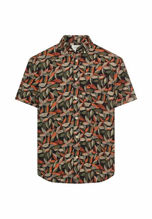 Korte mouwen overhemd met knopen en een meerkleurig bladpatroon in tinten groen, oranje en beige op een donkere achtergrond.