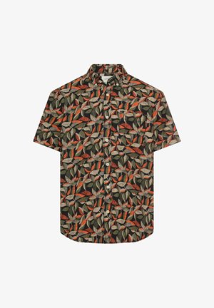 Korte mouwen overhemd met knopen en een meerkleurig bladpatroon in tinten groen, oranje en beige op een donkere achtergrond.