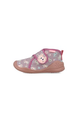 Zapato infantil morado con diseño de cara de gato, ribete rosa, correa de velcro y suela marrón flexible diseñada para comodidad y soporte.