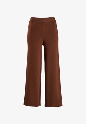 Pantalones de pierna ancha marrones con una textura suave, cintura alta y sin hardware o patrones visibles, ofreciendo un diseño simple y elegante.