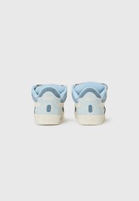 Blue suede high-top sneakers with white rubber soles, featuring a padded collar and logo accents on the heel.