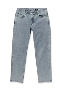 Jean en denim bleu clair avec une coupe droite, cinq poches et des détails de couture orange. Texture lisse et sans motifs visibles.
