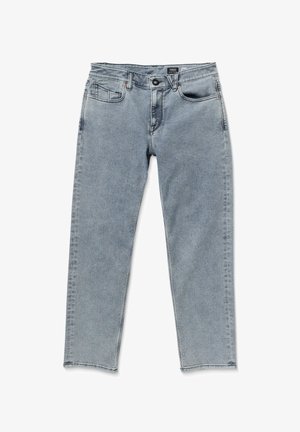 Lichtblauwe denim jeans met een rechte snit, vijf zakken en oranje stiksel details. Gladde textuur en geen zichtbare patronen.