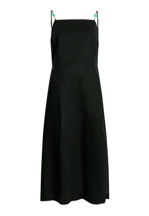 Zwarte mouwloze jurk met een rechte snit, voorzien van verstelbare schouderbanden versierd met kleurrijke kralen en splitten aan de zijkanten voor makkelijk bewegen.