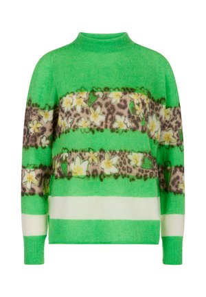 Green sweater with a high neck, featuring horizontal stripes of floral and leopard print patterns, in soft knit material.