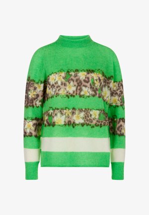 Green sweater with a high neck, featuring horizontal stripes of floral and leopard print patterns, in soft knit material.