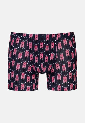 Boxershorts gemaakt van rekbare stof, met een marineblauwe achtergrond en een herhaald patroon van roze scooters. Blote tailleband met merkembleem.