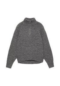 Szary sweter z dzianiny z wysokim kołnierzem i półzamkiem. Posiada luźny krój i ściągacz na dole, wykonany z miękkiej mieszanki wełny.