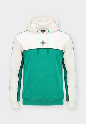 Zweifarbiger grüner und weißer Hoodie mit Kängurutasche, Kordelzug und Deutscher Fussball Bund-Logo auf der Brust.