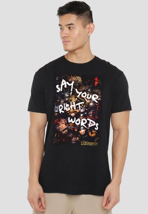 Black cotton T-shirt featuring a colorful graphic print with characters and the text "SAY YOUR RIGHT WORDS" in bold white letters.