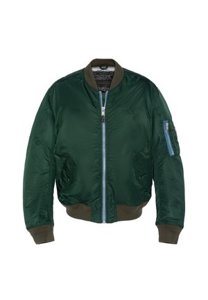 Veste bomber verte en tissu brillant, dotée d'une fermeture éclair à l'avant, de deux poches latérales, d'une poche à fermeture éclair sur la manche et de poignets et d'un ourlet côtelés.