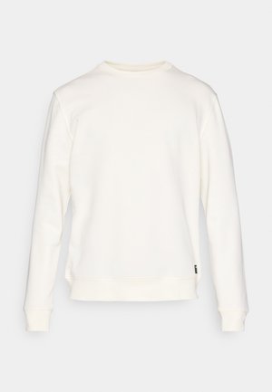 Sweatshirt branco feito de tecido macio, com mangas compridas, decote redondo e barra reta, com uma pequena etiqueta da marca na lateral.