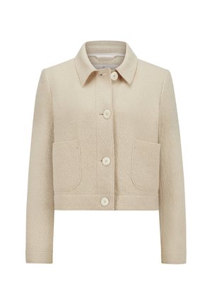 Beige kurz geschnittene Jacke aus strukturiertem Stoff, mit einem Kragen, einer vorderen Knopfleiste und zwei aufgesetzten Taschen mit abgerundeten Kanten.