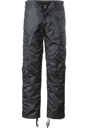 Schwarze isolierte Cargo-Hosen mit glatter Oberfläche, mehreren Seitentaschen, verstellbaren Kordeln am Saum und verstärkten Nähten.