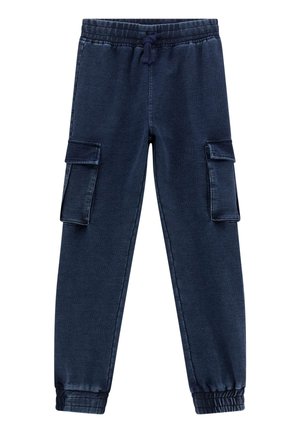 Navyblauwe cargobroek met een elastische tailleband, trekkoord en twee zijzakken. Gemaakt van denimstof met geribbelde boorden bij de enkels.